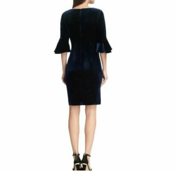 DKNY Midnight Blue Velvet Bell Sleeve  A Line Midi Cocktail Dress Size 6 - Picture 2 of 11